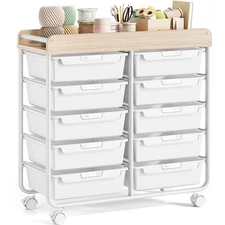 Rolling Storage Cart with 10 Large Drawers Utility Wooden TableTop for Craft