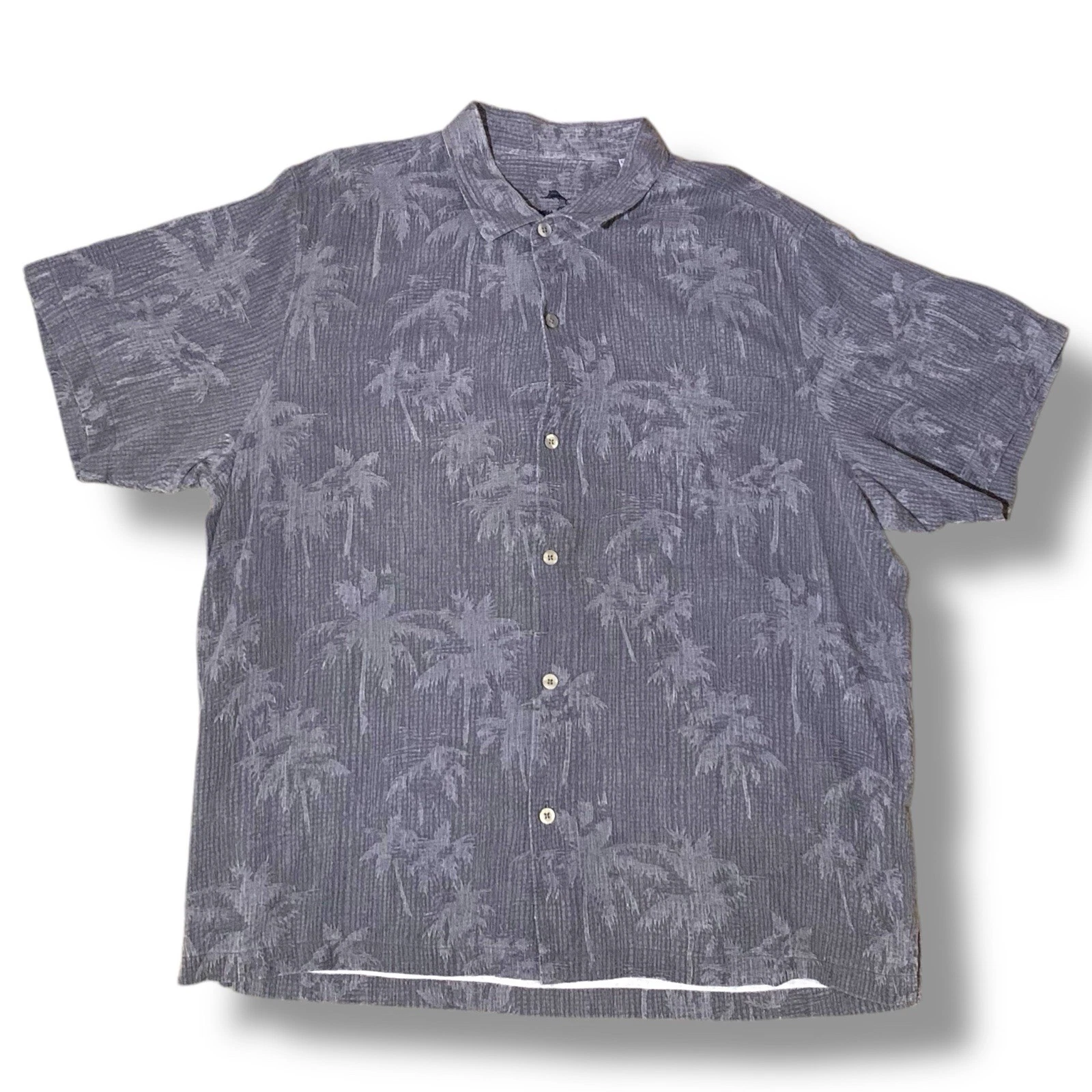 Tommy Bahama Hawaiian Short Sleeve Gray Silk Palm Trees Button Up Shirt Mens 2XL