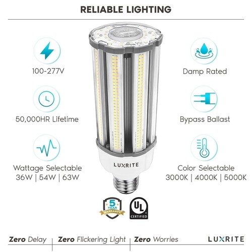 Luxrite 36W/54W/63W LED Corn Light Bulb 3 CCT Up to 9300 Lumens E39 Base - Picture 7 of 7