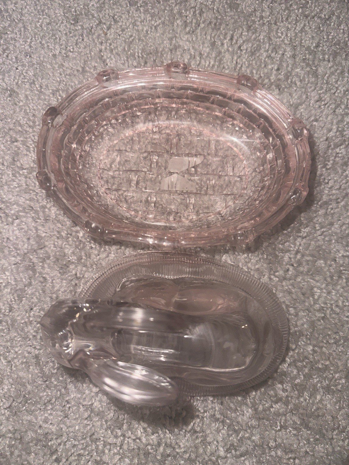 Glass Bunny Rabbit on Nest Basket Weave Candy Dish Clear Pink 5"x4" Collectors