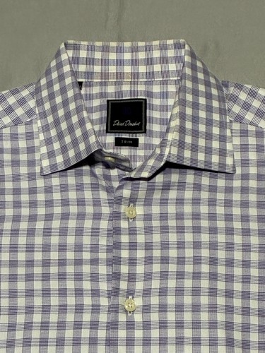 David Donahue Shirt Mens 16.5 Trim Fit Purple Check Button Up Long Sleeve Cotton - Picture 6 of 14