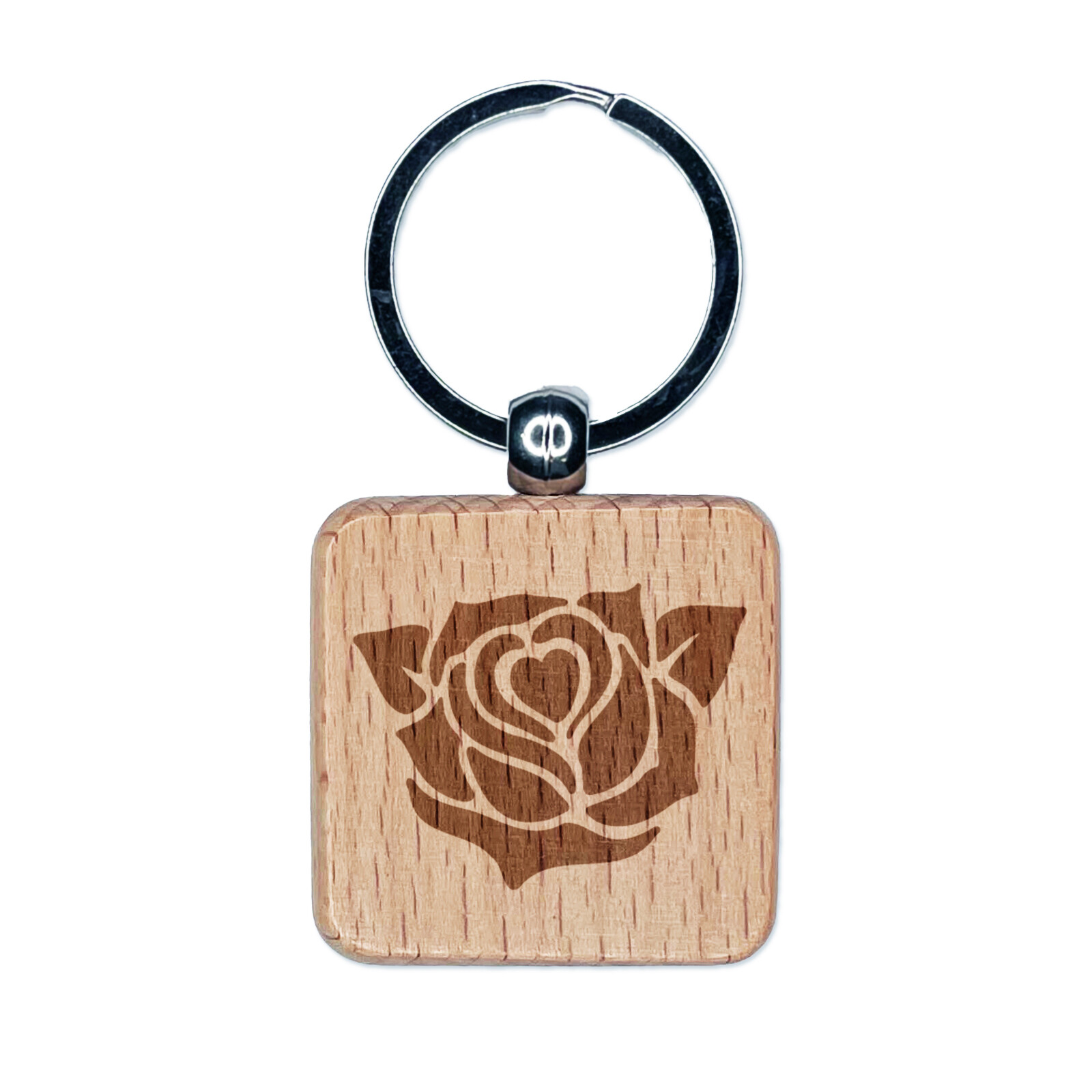 Rose Heart Center Engraved Wood Square Keychain Tag Charm