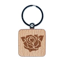 Rose Heart Center Engraved Wood Square Keychain Tag Charm