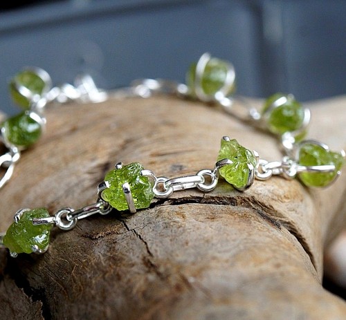 Handarbeit Armband 18,5 - 21 cm Kette Silber Rohstein Peridot Grün Schlicht Roh - Bild 9 von 9