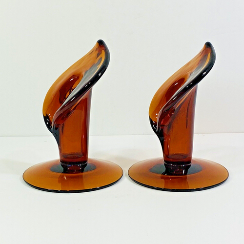 Pair Amber Art Glass Jack in The Pulpit Vases 6 1/2" High - Picture 3 of 15