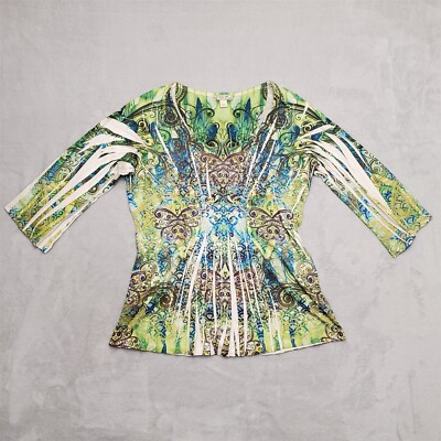 Energe Top Womens Large Green Bohemian Psychedelic Artistic 3/4 Sleeve Summer