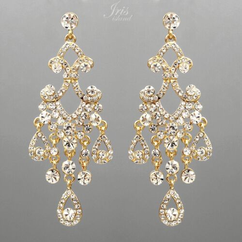 Women Chandelier Earrings Gold Plated GP Clear Crystal Wedding Drop Dangle 00165 - Picture 1 of 4