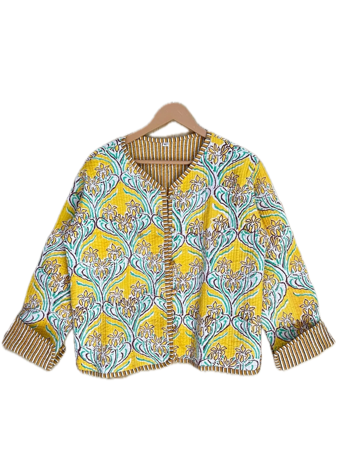 Indian Yellow Floral 100%Cotton Quilted Unisex Jacket Women's Clothing Jacket AU