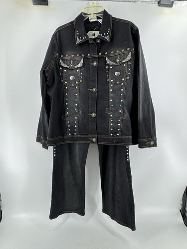 NUEVO CON ETIQUETAS DG2 Gilman 2 piezas conjunto de mezclilla oscura pantalones vaquera occidental con tachuelas chaqueta 16WP 1x - Imagen 2 de 23