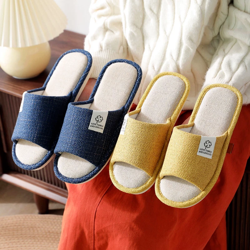 Women Men Linen Shoes Household Bedroom Slippers Indoor Mute Couples Open Toe