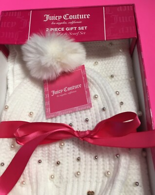 JUICY COUTURE WOMENS WHITE SCARF & POM POM BEANIE HAT PEARLS BLING