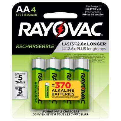 Rayovac Rechargeable AA Batteries (4 Pack), Nimh Double a Batteries