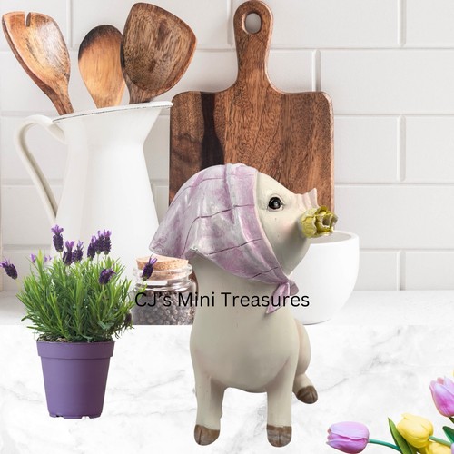 Spring Easter Pig Holding Flower Wearing Scarf Figurine Tabletop Decor 8" - Picture 2 of 8
