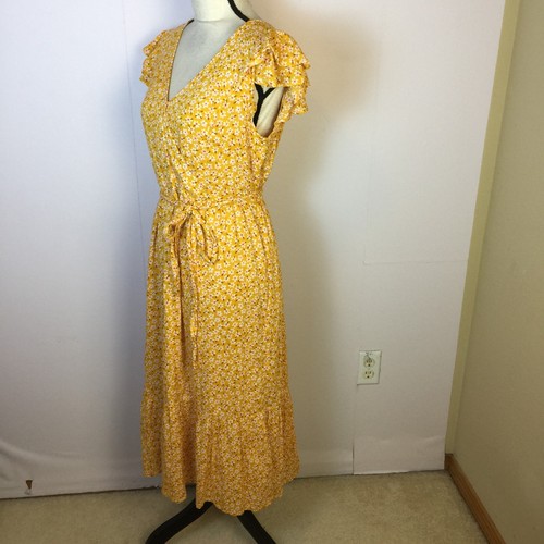 Antiguo Vestido Azul Marino Midi Envolvente Talla S Mujer Amarillo Floral Cuello en V Cintura Elástica Cinturón - Imagen 3 de 16
