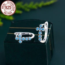 Cute Solid 925 Silver Jewelry Buckles Turquoise Religious Cross Hoop Earrings