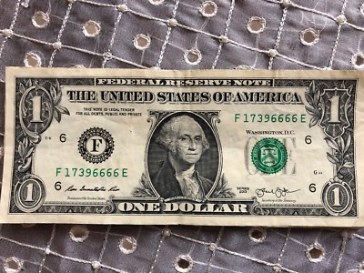TRAILING SOLID QUAD of 6666 in $1 Dollar Bill, FANCY UNIQUE SERIAL