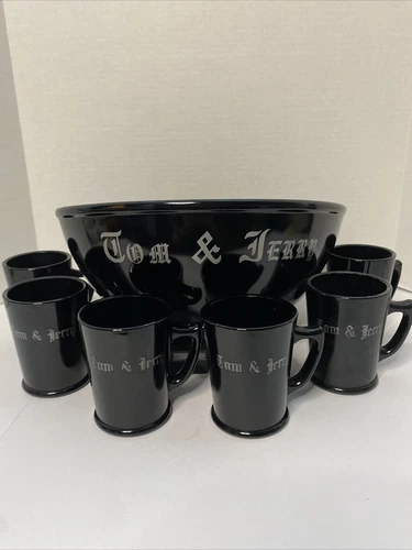 Tom and Jerry Punch Bowl Set 6 Mugs Black Glass McKee  Party  Holiday Christmas