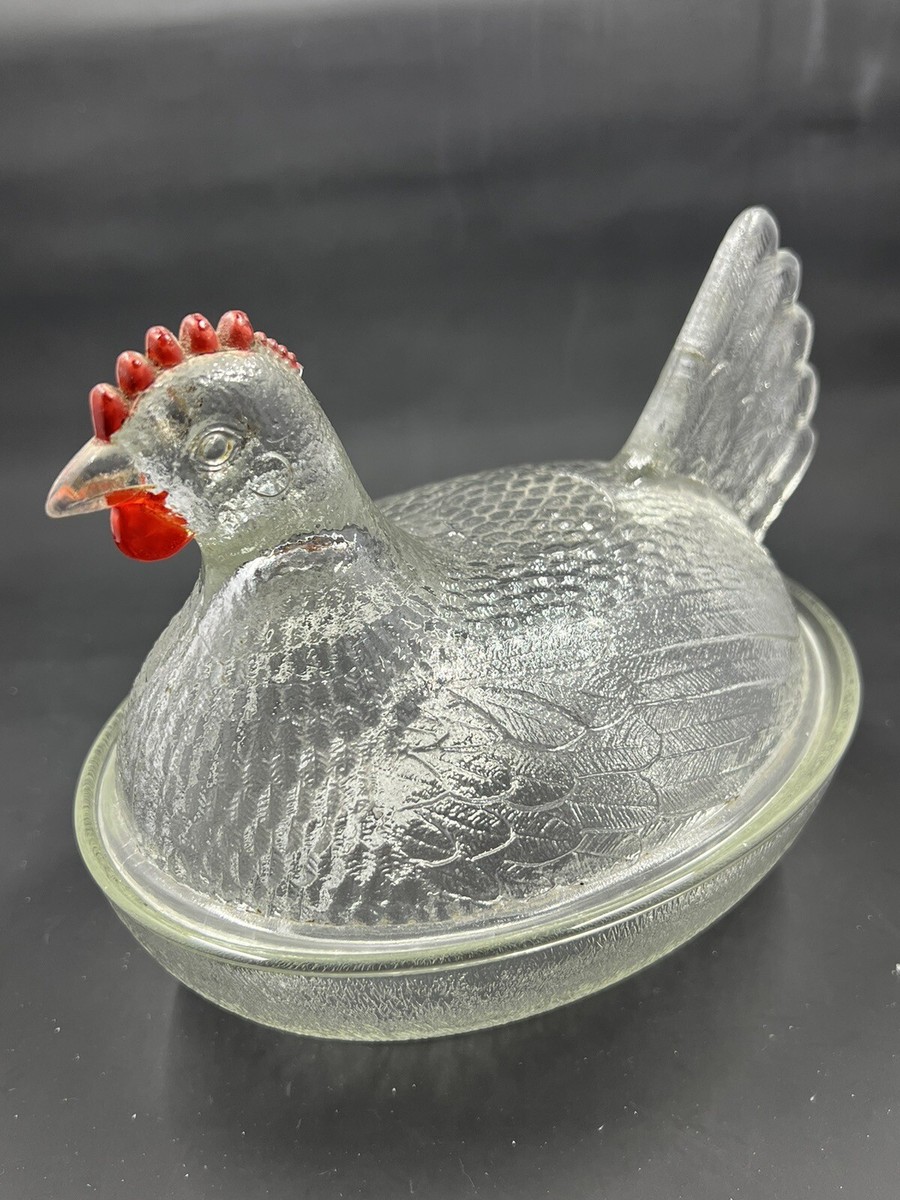 Vintage Clear Indiana Glass Hen on Nest - Flat Tail - Red Comb