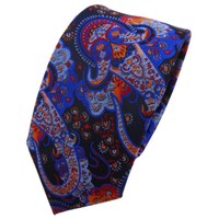 Schmale Tigertie Krawatte Blau Dunkelblau Orange Rot Paisley - Binder Tie