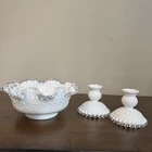 Vintage Fenton Milk Glass Spanish Lace Ruffled Rim Bowl & 2 Candle Holder