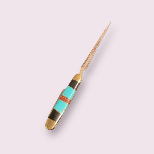 Vintage Pocket Knife Letter Opener Stone And Wood Scales Turquoise Handmade