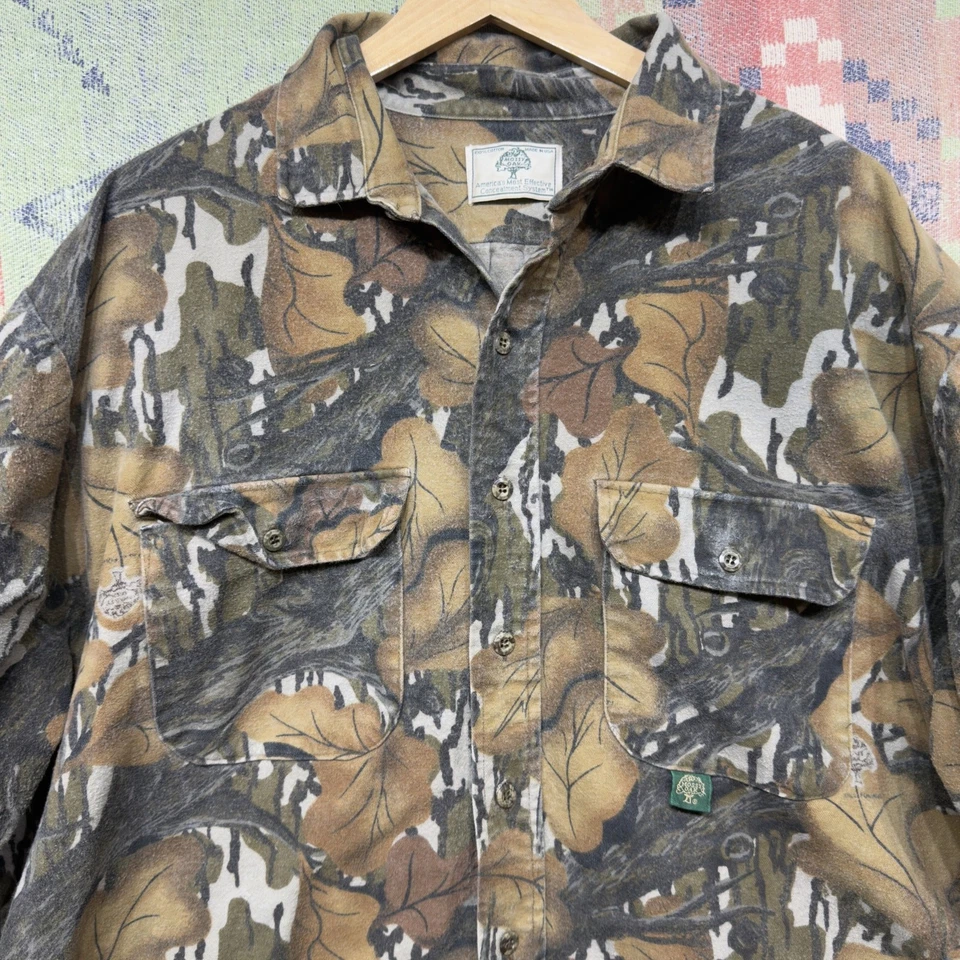 Camisa Mossy Oak Otoño Follaje Camuflada Vintage Gamuza Abotonada XXL 90s Foto 2 de 4