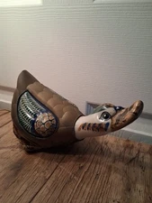 Vintage Mexican Tonala Pottery Duck Armored Brass & Hand Painted 8 Inch