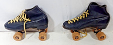 Vintage Black Leather Lace Up Roller Skates American Eagle Wooden Wheels