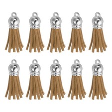 48Pcs Leather Tassel Keychain Charm Bulk 1.5 Inch Light Tan/Silver Cap