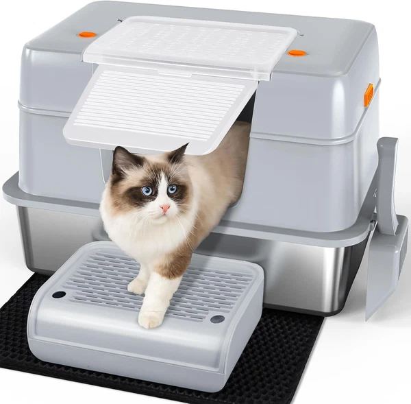Katzenklo Edelstahl Mit Deckel, Xl Leicht Zu Reinigen Und Geruchsresistent Katze-image
