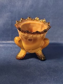VINTAGE BOYD VERMONT FORGET ME NOT CARAMEL SWIRL SLAG GLASS TOOTHPICK HOLDER