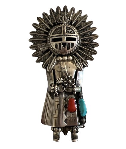 Thomas Byrd Navajo Sun Kachina Turquoise Coral Sterling Silver Bolo Tie Red Mesa