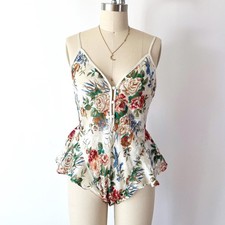 SIZE S Victoria's Secret Vintage Gold Label Teddy Ivory Floral Peplum Bodysuit