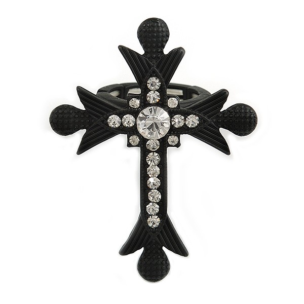 Large Black Tone Metal and Swarovski Crystal 'Fleur de Lis' Cross Statement