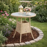 Beistelltisch Tisch Polyrattan Gartentisch Rattan Balkontisch Rund Beige