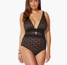 Swimsuits for All Black Lace Plunge One Piece Swimsuit Size 22 NWOT
