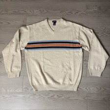 Men  s Gant V Neck Tan Stripe Sweater Size Large 100 Cotton