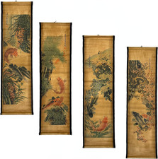 4 Pcs Wall Scroll Painting Japanese Koi Fish Flower Fengshui Art Decor