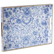 Serving Tray with Handles, Rectangular Plastic Tray 15.75x11.81 Inch, Blue an...