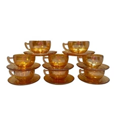 Jeanette Glass Co Tea Cup and Saucer Marigold Iridescent Carnival Glass Set of 8