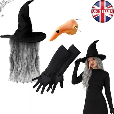 Damen Cosplay schwarz Magie Zauberer Kostüm Hexe Hut Nase Handschuhe Halloween Outfit