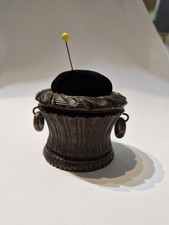 Antique Lignum Vitae Wooden Pincushion : Victorian Treen Basket