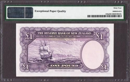 New Zealand One Pound Hanna ND (1940-55) Prefix H/0 Pick-159a CH UNC PMG 64 EPQ - Picture 2 of 2