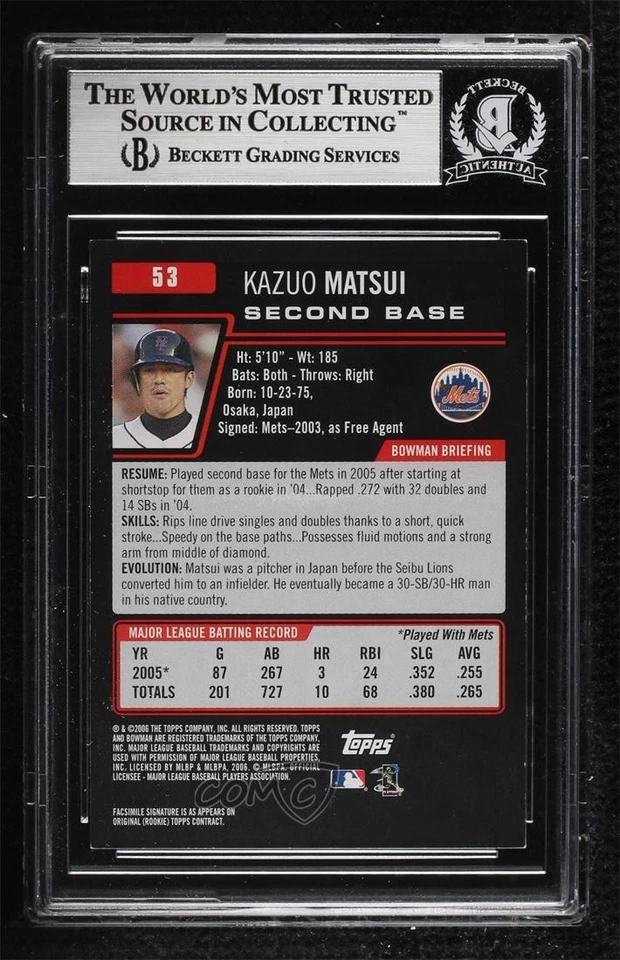BAS 2006 Bowman Kazuo Matsui #53 BGS Authentic Auto - Image 2 of 2