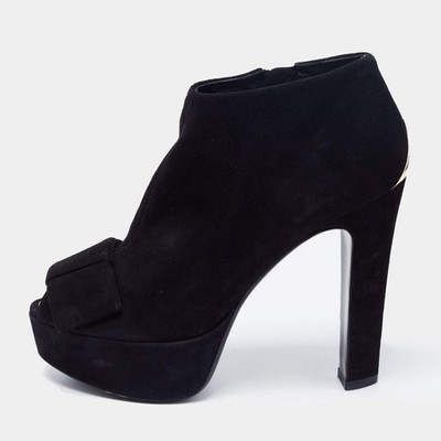 Louis Vuitton Black Suede Bow Peep Toe Ankle Booties Size 36.5