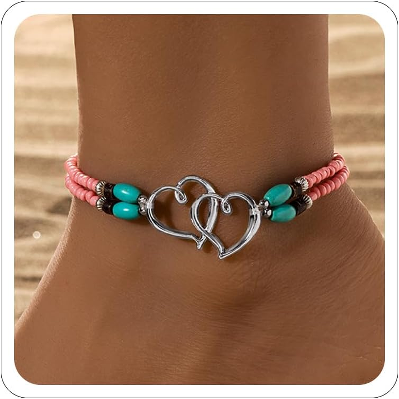 Elastic Double Heart Layered Stretch Ankle Bracelets for Women