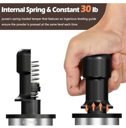 53mm Spring Loaded Calibrated Espresso Tamper, 30lb Pressure, Black/Stainless - Picture 2 of 7