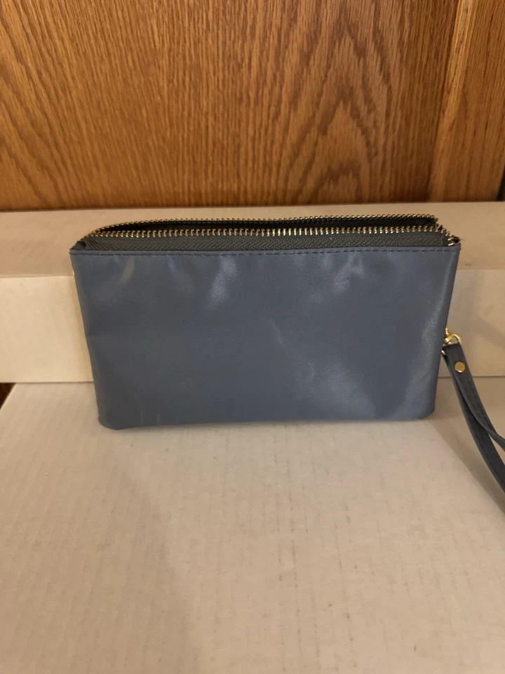 Tory Burch Azul Gris Nylon Muñequera Oro Hardware Cartera Bolsa Maquillaje Bolso Foto 2 de 4