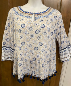 J.Jill size XL blouse embroidered tasseled boho gauzy cotton blend