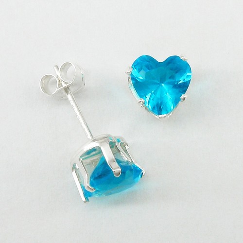 6mm HEART CZ Zircon Blue Post Stud Earrings in SOLID 925 Sterling Silver - NEW! - Picture 5 of 7